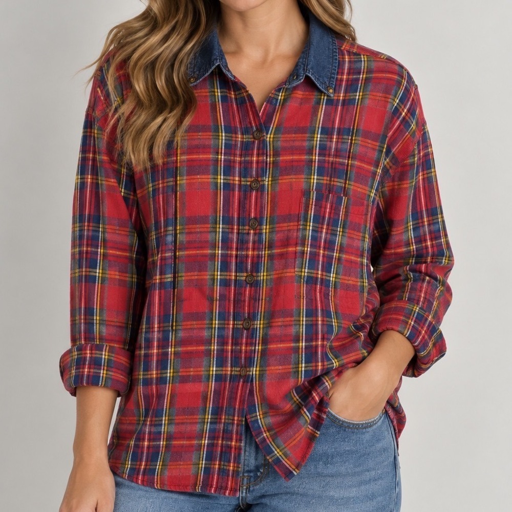 Vintage Faded Glory Women's Medium Cotton Plaid Flannel Shirt Denim Collar 90s
